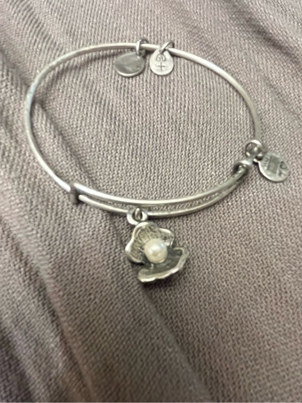 Silver Alex & Ani Seashell and  Pearl Charm Bangle Bracelet